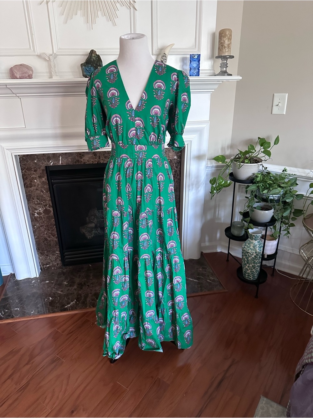 Boden Green Printed Maxi Dress with Pink Accent - Picture 3 of 8